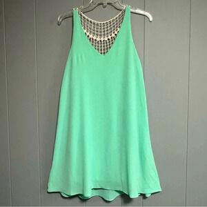 ILLA ILLA Green Sleeveless Swing Sundress Ivory Mesh Net Crochet Back Size Small
